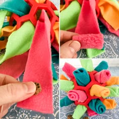 the process for making felt flowers is shown in three different pictures, including one being folded and