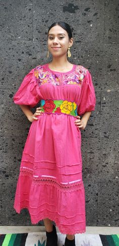 Mexican womans Embroidered dress Handmade- Beautiful- Frida Kahlo style- Free shipping mexican boho hippie baby Pink peasant dress MUMU Jalisco Dress, Latina Dress, Mexican Skirts, Womans Dress, Mexican Boho, Frida Kahlo Style, Hippie Baby, Boho Hippie Dress, Plus Size Kimono