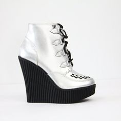 T.U.K Boots Size U.S. 6 Women New With Box Silver Leather Lace Up Eu 37 Wedge Heel 5" Platform 1.5" All Photos Are The Actual Shoes For Sale Fast Shipping Punk Ska Rave Festive Dancer Club Rare Fashion Leather High Heel Wedge Boots With Lug Sole, Trendy Ankle-high Wedge Boots With Reinforced Heel, Trendy Leather Platform Wedge Boots, Trendy Wedge Boots With Reinforced Heel, Trendy Wedge Boots With Reinforced Heel And Round Toe, Lace-up Synthetic Wedge Boots For Spring, Edgy Leather Wedge Sandals With Round Toe, Edgy Leather Round Toe Wedge Sandals, Party Platform Wedge Boots With Round Toe