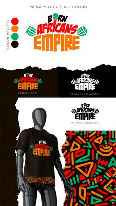 the african empire t - shirt design is shown in three different colors and font styles