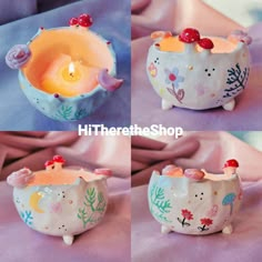 four different pictures of small ceramic bowls with candles in them