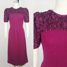 "1970s does 1930s knit dress  ~Dark magenta knit ~Ribbon knit yolk and puffed sleeves ~Back nylon zipper ~Unlined Dry cleaned and ready to wear. Condition: Excellent. A few mends to back bodice Size: Fits like a modern XS/Small *please consult measurements to ensure fit Measurements Bust: 30-36\" Waist: 26-30\" Hips: 36.5\" / stretch to 40\" Shoulder to shoulder: 13.25\" Shoulder to waist: 17\" Length: 44\" Message us with any questions! Sarah Vogt" 1970 Font, Satin Purses, Sequin Sheath Dress, Dark Magenta, Vintage Swimsuits, Puff Sleeve Dress, Women Formals, Womens Cocktail Dresses, Pink Sequin