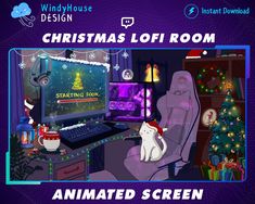 an animated screen with a white cat sitting in front of a computer and christmas tree