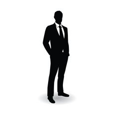 a black and white silhouette of a man in a suit with his hands in his pockets