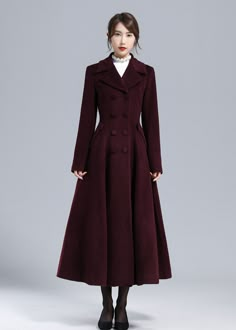 Long Womens Coat Winter, Long Coat Fashion, Wool Trench Coat Women, Burgundy Coat, Wool Long Coat, Thanksgiving Outfit Women, Princess Coat, Modern Dresses, Winter Outwear