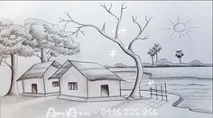 a drawing of two houses next to a tree