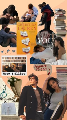 collage of people and books with words on them