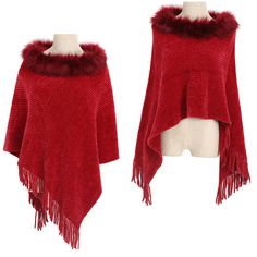 Lady Knitted Poncho Cape Chenille Wrap Shawl Faux Fur Collar Cloak Tassel Fringe This item is for one cape. Color: multi Material: acrylic Size: (L*W) 80*85cm/31.50*33.46in,Suitable for height 155-180cm,Suitable for weight 40-80kg SKU: 944-889 TY Cozy Winter Poncho With Fringe, Winter Cape With Tassels, Winter Fringe Shawl Cape, Winter Knit Shawl One Size, Red Winter Cape One Size, Knitted One-size Shawl For Winter, Winter Knitted Acrylic Poncho, Winter Fringe Cape Outerwear, Winter Acrylic Yarn Poncho