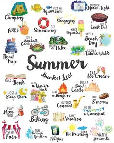 the words summer are written in black ink on a white background with an illustration of various things