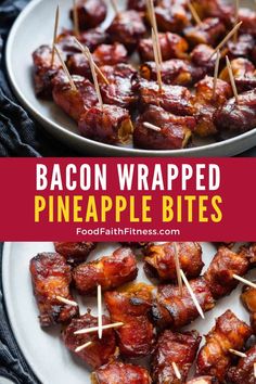 bacon wrapped pineapple bites on a plate with toothpicks