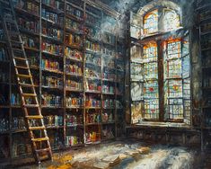 a painting of a library with bookshelves and ladders in front of the window