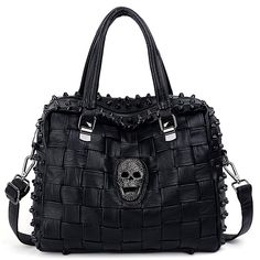 Black Rock Skull Tote Bag Rivet Studded Braided Design Handbag Smooth Pu Leather Purse Shoulder Bag. Smooth Synthetic Leather. Tungsten Steel Color Hardware. Detailed Streamlined Stiching. Full-Lined Skull Pattern Lining. Fancy Handbags, Goth Purse, New Goth, Skull Tote Bag, Skull Handbags, Skull Purse, Edgy Jewelry, Skull Pattern, Goth Aesthetic