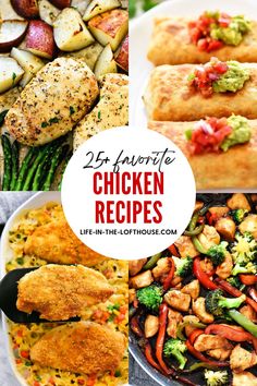 different chicken dishes with text overlay that reads 20 favorite chicken recipes