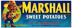 an advertisement for marshall sweet potatoes with a cartoon character pointing at the camera and smiling