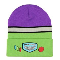 a purple and green beanie with space ranger on it