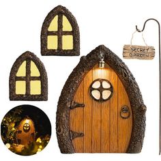 a set of three wooden doors with windows and lights on each door, along with a key chain