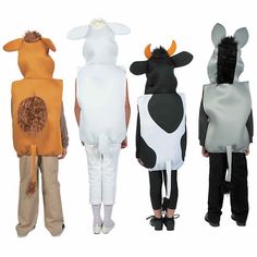 three children in costumes standing next to each other wearing animal ones on their back legs