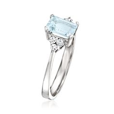 Ross-Simons - 1.00ct Aquamarine, .15ct t. w. Diamond Ring in 14kt White Gold. Size 9. Embrace an angelic hue with this classic gemstone ring! Our ethereal statement features a 1.00 carat emerald-cut aquamarine sided by .15 ct. t. w. round brilliant-cut diamond trios. Finely crafted in polished 14kt white gold. 1/4" wide. Diamond and aquamarine ring. Aquamarine birthstones are the perfect gift for March birthdays. March Birthdays, Aquamarine Birthstone, March Birthday, Aquamarine Ring, Aquamarine Rings, Round Brilliant Cut Diamond, Gemstone Ring, Buy 1, Emerald Cut