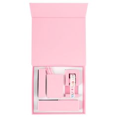 a pink box with two pens and an eraser