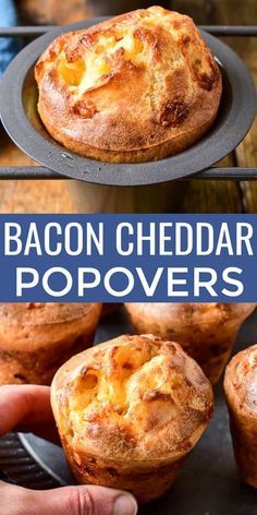 bacon cheddar popovers in muffins on a cooling rack with text overlay