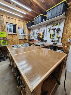 a workbench in a garage with lots of tools