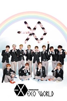 the exo world members are posing in front of a rainbow