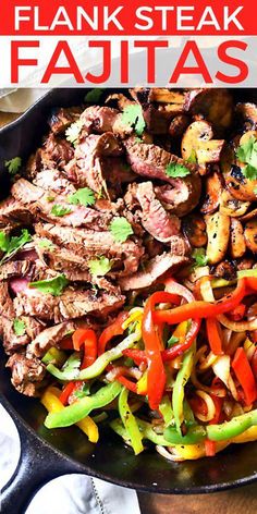 steak fajitas in a skillet with peppers and onions