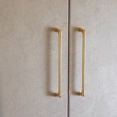 two gold handles on the doors of a bathroom