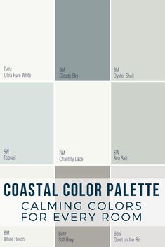 several shades of gray and white with the words coastal color palette calming colors for every room