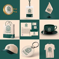 various items are displayed on the green and white background, including a hat, t - shirt, badge, keychain