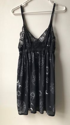 "Discontinued Witchy print! Adjustable shoulder straps. Size: Unknown but pretty small (see measurements) Brand: Cosmic Drifters Condition: Like new. Measurements (lying flat not stretched): Bust 13\". Length from bust line to hem 19\"." Goth Pjs, Cosmic Drifters, Goth Witch, Black Slip Dress, Camisole Dress, Fashion Baby, Black Slip Ons, Dress Clothes For Women, Shoulder Straps