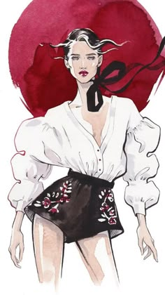 a drawing of a woman in white shirt and black skirt with red circle behind her