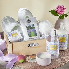 Gift them a day of relaxation. A curated collection of lavender-scented spa gifts, including infused soaps and bath essentials, shares a moment of serenity and bliss that turns any day into a special moment of tranquility. Spa Day Gift Basket, Spa Day Gift, Lavender Hand Soap, Lavender Ribbon, Spa Day Gifts, Lavender Soap Bar, Lavender Lotion, Lavender Spa, Healthy Gift