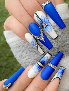 Blue Nails With Stones, 2023 Birthday, Fly Nails, Blue And White Nails, Body Makeover, Poly Gel, Graduation Nails, Amazing Nails