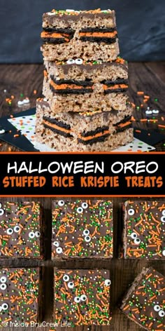 halloween oreo rice krispy treats stacked on top of each other