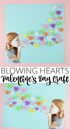 two pictures with hearts attached to them and the words blowing hearts valentine's day craft