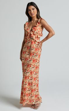 Alessa Midi Dress - V Neck Frill Detail Empire Waist Back Cut Out Dress in Peach Floral Beach Wedding Outfit Guest, Peach Floral Dress, Beach Wedding Outfit, Greece Trip, Cocktail Dress Wedding Guest, Summer Formal Dresses, Orange Floral Dress, Party Fits, Wedding Attire Guest