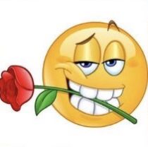 a smiley face holding a rose in its mouth