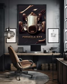 a framed photograph of a formula one car on the wall above a desk with a chair