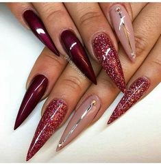 Stilettos Nails, Burgundy Nail Art, Burgundy Nail Designs, Wine Nails, Girls Things, Long Stiletto, Manicure Gel, New Nail Designs