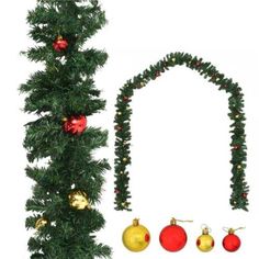 a christmas tree with ornaments hanging from it's branches and two balls on the ground