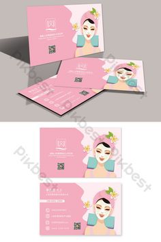 a pink business card with a woman's face on the front and back side