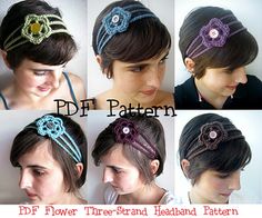 four different styles of headbands with crochet flowers on them, and the words diy pattern