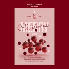 a christmas party flyer with red balls and snowflakes on the bottom, in front of a pink background