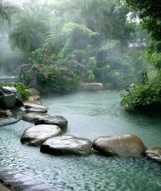 a river with rocks in the middle and water running through it, surrounded by greenery