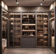 a walk in closet with lots of shoes and handbags on the shelves next to it