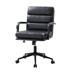 a black leather office chair with wheels and casteors on an isolated white background photo