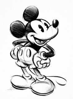 a black and white drawing of mickey mouse