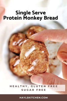 A soft and sweet and gooey Single Serve Protein Monkey Bread made with gluten free flour, protein powder and Greek yogurt. This healthy monkey bread for one has no yeast and no sugar; A quick post workout treat! Bread With Gluten Free Flour, Gluten Free Protein Recipes, Healthy Monkey Bread, Gluten Free Protein Snacks, Devotion Recipes, Bread For One, Bariatric Snacks, Bariatric Breakfast, Anabolic Recipes