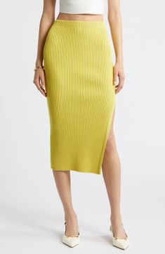 Open Edit Luxe Sculpt Rib Midi Skirt | Nordstrom Chic Ribbed Summer Skirt, Spring Midi Elastane Skirt, Stretch Knit Midi Bottoms, Chic Ribbed Knee-length Bottoms, Relaxed Ribbed Midi Skirt, Stretch Knit Midi Skirt, Ribbed Knit Pencil Skirt, Fitted Ribbed Skirt For Summer, Fitted Knit Skirt For Spring